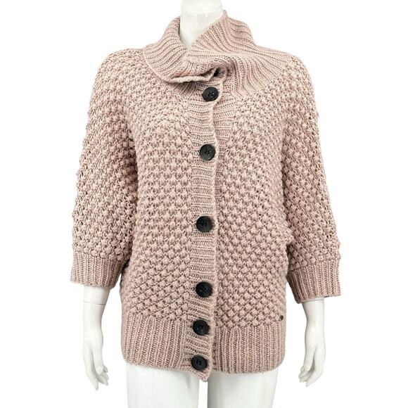 Numph Sweater Womens Medium Dusty Rose Taupe Chunky Knit Cardigan Alpaca Cozy - Picture 1 of 10